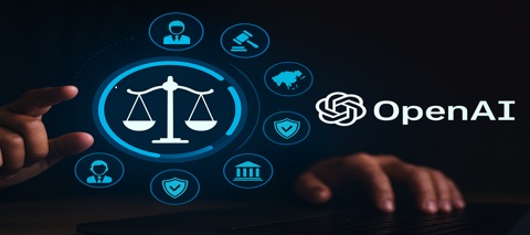 Digital interface with illuminated legal symbols and the OpenAI logo, controlled by a person on a laptop — symbolic of a legal conflict.