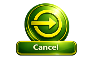 Glossy green withdrawal button with a yellow arrow symbol and the label ‘Cancel’ on a transparent background.