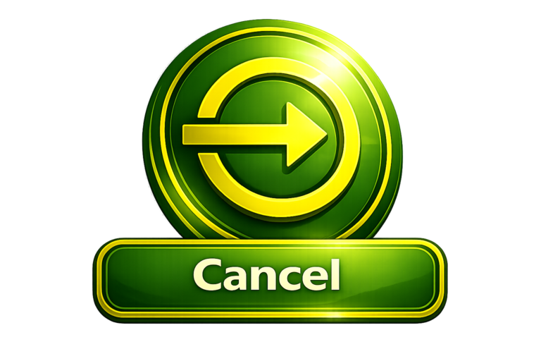 Glossy green withdrawal button with a yellow arrow symbol and the label ‘Cancel’ on a transparent background.