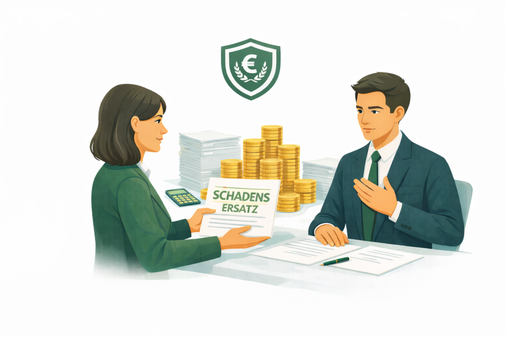 Mann und Frau mit Dokument zum Schadenersatz