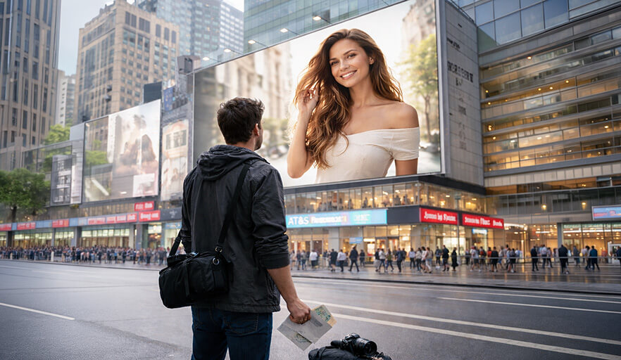 mann is looking at his photo on a big screen, but didn´t get payed enought