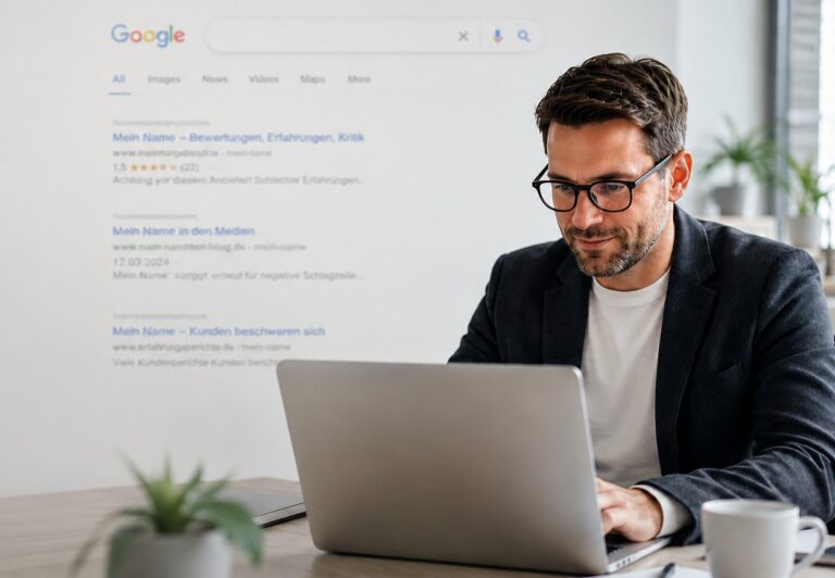 Mann arbeitet konzentriert an einem Laptop im Büro, während im Hintergrund unscharfe Google-Suchergebnisse zu sehen sind.
