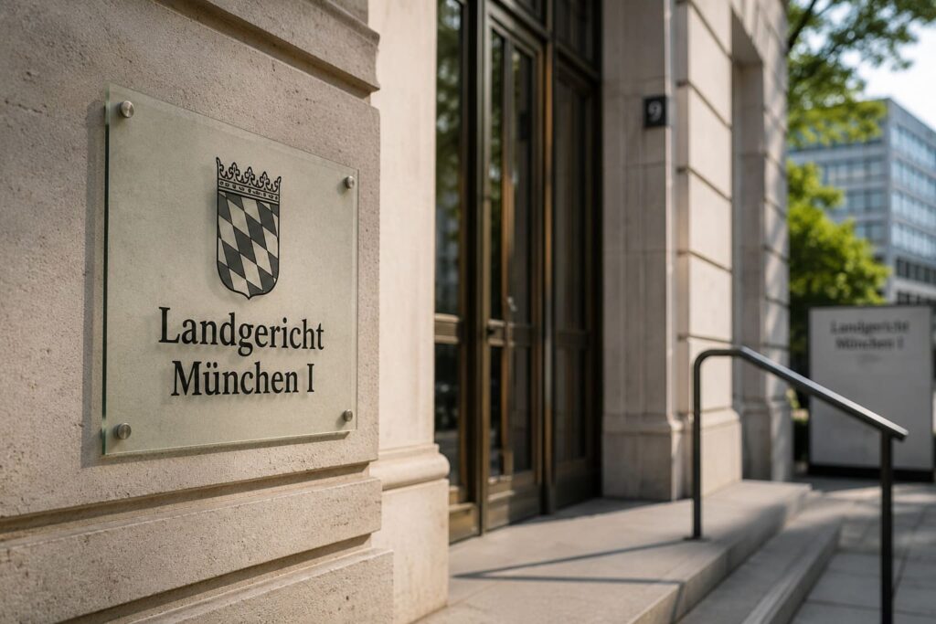 Eingang des Landgerichts München I zum Urteil im Rechtsstreit zwischen GEMA und Suno über KI-Training mit urheberrechtlich geschützter Musik.